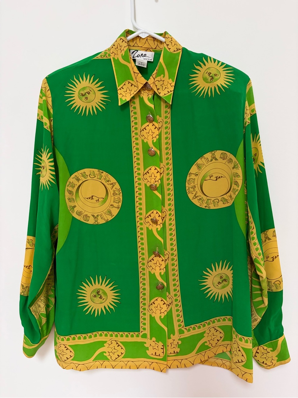 Vintage 100% Silk Button-up Shirt Green Yellow Astrological Sun Print Medium